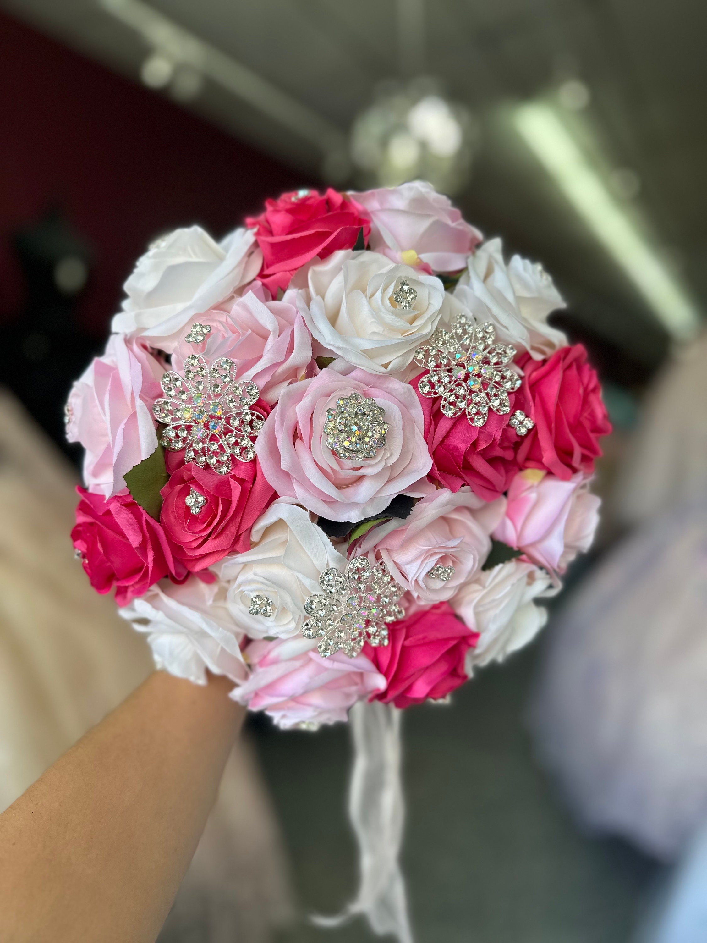 Sweet 15 Quinceañera Fuchsia Pink Ribbon Bouquet & Matching Tocado Set Fuchsia Quinceanera Bouquet: Hot Pink & Silver Ramo, Sweet  main image 4