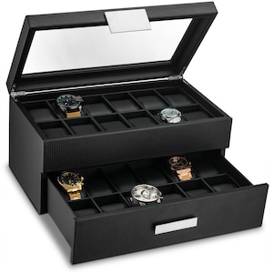 Personalized Watch Box for Men, 24 Slot, Monogrammed Watch Case, Watch Box for him, Gifts for him, Engraved Glass or Plate, Black