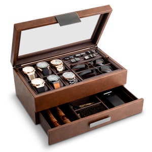 Boîte à Montres Extra Large Pour Homme - 24 Emplacements, Cuir Synthétique Noir, Double Couche Avec Tiroir