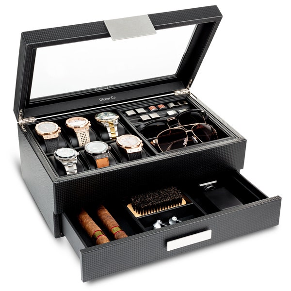 Personalized Mens Jewelry Box Valet , Holds Watches, Cufflinks, Sunglasses & More - Men's Watch Case - Engrave on Glass Lid