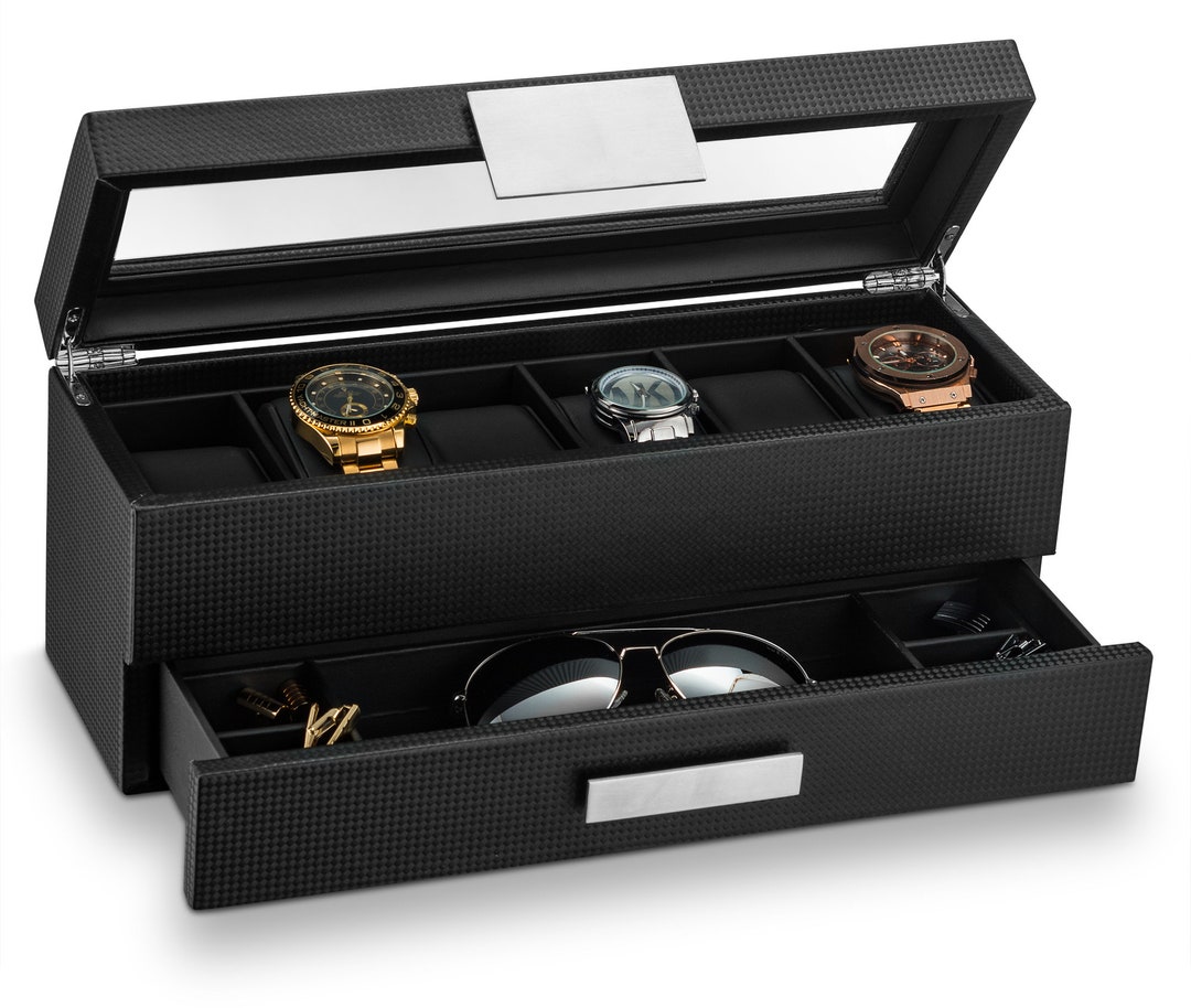 Personalized Watch Box W/ Valet Drawer for Men, 6 Slot, Monogrammed ...