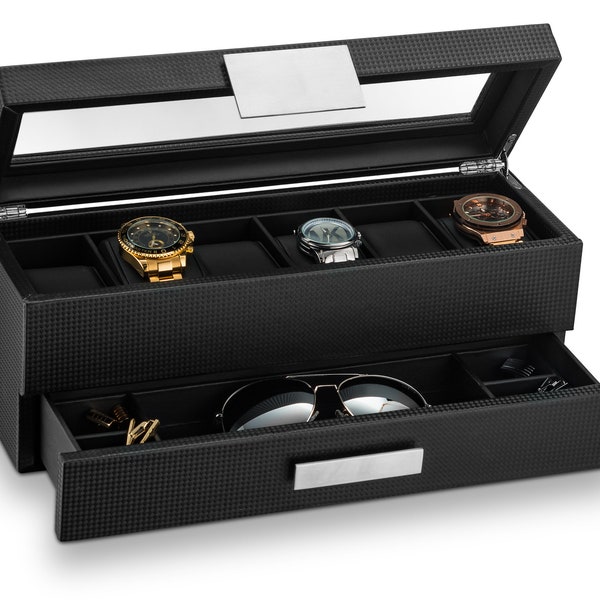 Caja para relojes personalizada con cajón organizador para hombre, 6 compartimentos, estuche con monograma, caja para relojes de hombre, regalos para él, tapa o placa de cristal grabada, color negro.