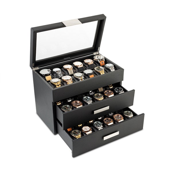 Caja de reloj personalizada con 36 ranuras para hombre, estuche para reloj, organizador de caja de reloj para hombre, grabado en tapa de vidrio o placa de metal, color negro