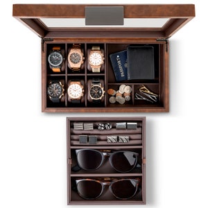 Personalized Valet Jewelry Watch Box for Men, Holds 6 Watches,12 cufflinks & 2 Sunglasses, Gifts for him, Engraved Glass Lid or Plate ,Brown image 3