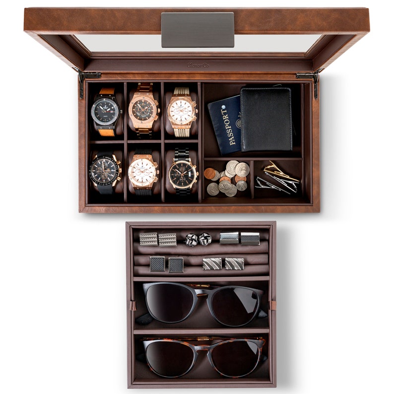 Personalized Valet Jewelry Watch Box for Men, Holds 6 Watches,12 cufflinks & 2 Sunglasses, Gifts for him, Engraved Glass Lid or Plate ,Brown image 3
