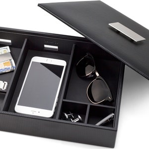 Personalized Valet Tray & Lid - Men&#39;s Valet Organizer, Engraved Plate, Valet for men, men&#39;s jewelry box, Gifts for him, Black