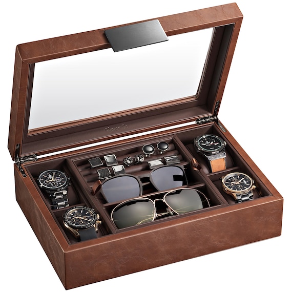 Personalized Valet Jewelry Watch Box for Men, Holds 4 Watches,12 cufflinks & 2 Sunglasses, Gifts for him, Engrave on Glass or Plate, Brown