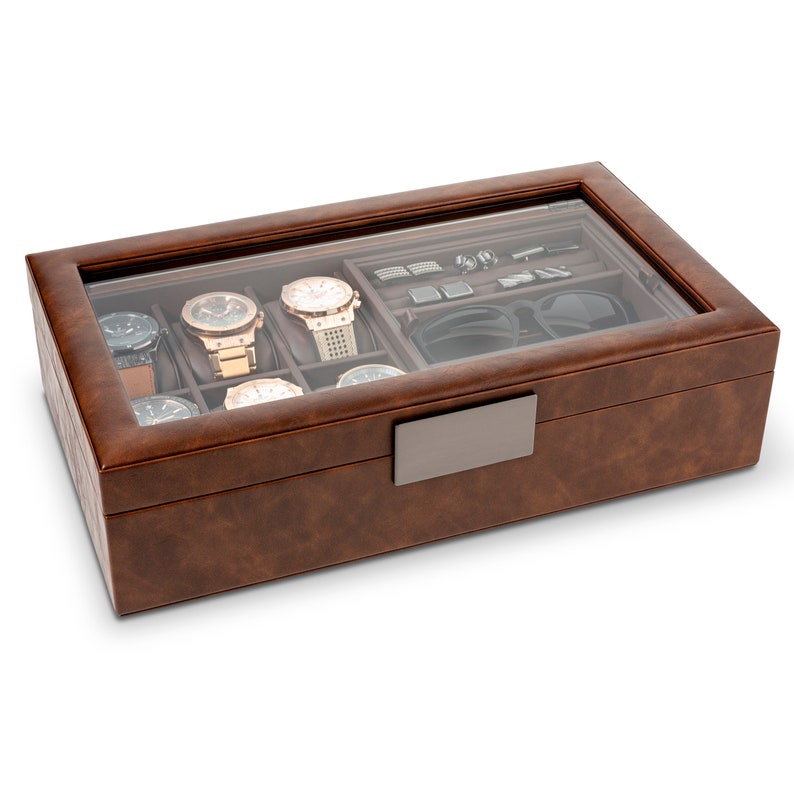 Personalized Valet Jewelry Watch Box for Men, Holds 6 Watches,12 cufflinks & 2 Sunglasses, Gifts for him, Engraved Glass Lid or Plate ,Brown image 4