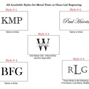 May include: Five different styles for engraving metal plates or glass lids. Style 1 shows the initials KMP in a block font. Style 2 shows the name "Paul Harris" in a cursive font. Style 3 shows the initial "W" with the name "Williams" underneath. Style 4 shows the initials BFG in a block font. Style 5 shows the initials RLG in a block font.