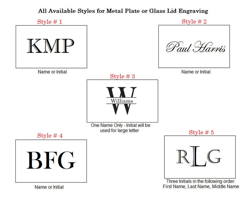 May include: Five different styles for engraving metal plates or glass lids. Style 1 shows the initials KMP in a block font. Style 2 shows the name "Paul Harris" in a cursive font. Style 3 shows the initial "W" with the name "Williams" underneath. Style 4 shows the initials BFG in a block font. Style 5 shows the initials RLG in a block font.