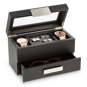 Personalized Valet Jewelry Watch Box for Men, Men&#39;s Valet organizer,  Monogrammed Case, Gifts for him, Engrave on Glass Lid or Plate, Black