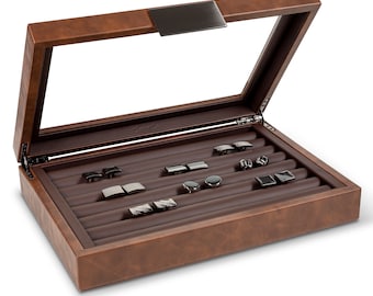Personalized Cufflink Box for Men, Holds 70 Cufflinks, Monogrammed Mens Organizer, Gifts for him, Engraved Glass lid or Plate, Brown