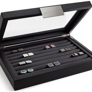 Personalized Cufflink Box for Men, Holds 70 Cufflinks, Monogrammed Mens Organizer, Gifts for him, Engraved on Glass Lid or Metal Plate Black