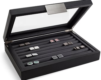 Personalized Cufflink Box for Men, Holds 70 Cufflinks, Monogrammed Mens Organizer, Gifts for him, Engraved on Glass Lid or Metal Plate Black