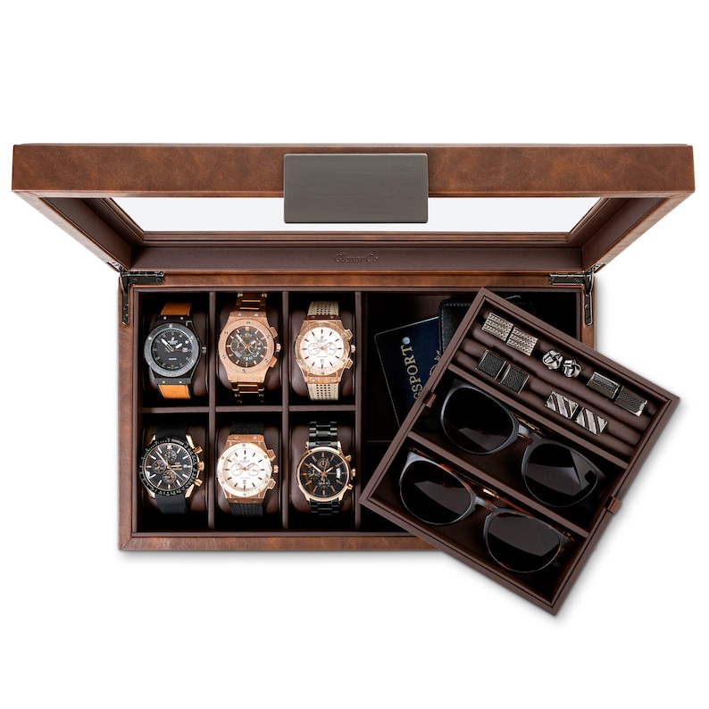 Personalized Valet Jewelry Watch Box for Men, Holds 6 Watches,12 cufflinks & 2 Sunglasses, Gifts for him, Engraved Glass Lid or Plate ,Brown image 5
