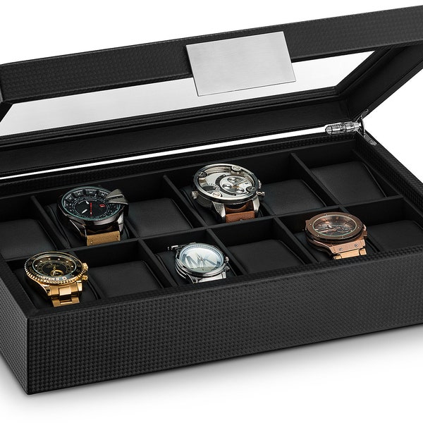 Personalized Watch Box for Men, 12 Slot, Monogrammed Watch Case, Engraved Glass or Plate, Watch Box for him,12 Watches, Gifts for him, Black