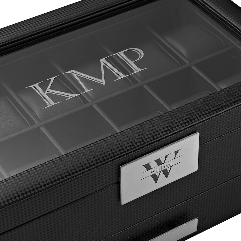 Personalized Mens Jewelry Box Valet , Holds Watches, Cufflinks, Sunglasses & More - Men's Watch Case - Engrave on Glass Lid or Metal Plate image 7