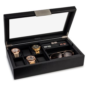 Personalized Valet Jewelry Watch Box for Men, Holds 6 Watches,12 cufflinks & 2 Sunglasses, Gifts for him, Engraved Glass Lid Black