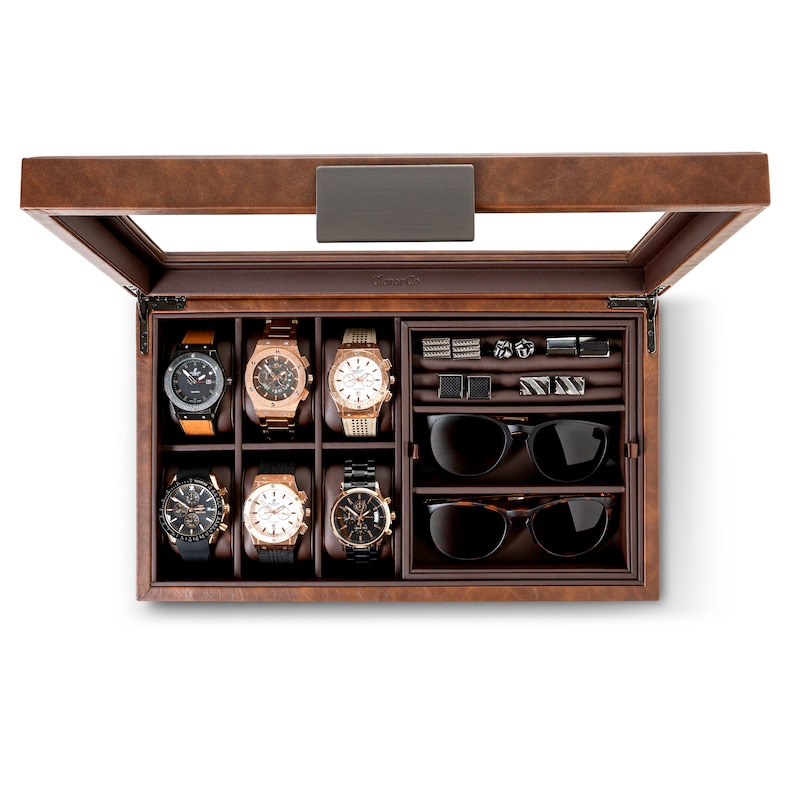 Personalized Valet Jewelry Watch Box for Men, Holds 6 Watches,12 cufflinks & 2 Sunglasses, Gifts for him, Engraved Glass Lid or Plate ,Brown image 6