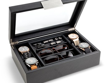Personalized Valet Jewelry Watch Box for Men, Holds 4 Watches,12 cufflinks & 2 Sunglasses, Gifts for him, Engraved Glass, Black