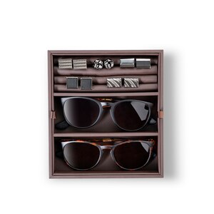 Personalized Valet Jewelry Watch Box for Men, Holds 6 Watches,12 cufflinks & 2 Sunglasses, Gifts for him, Engraved Glass Lid or Plate ,Brown image 7