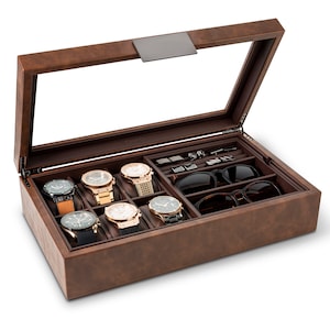 Personalized Valet Jewelry Watch Box for Men, Holds 6 Watches,12 cufflinks & 2 Sunglasses, Gifts for him, Engraved Glass Lid or Plate ,Brown