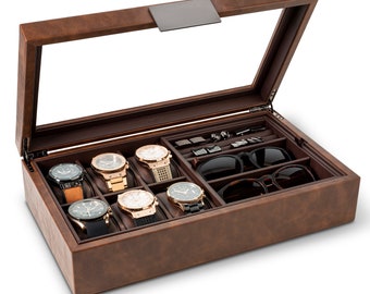 Personalized Valet Jewelry Watch Box for Men, Holds 6 Watches,12 cufflinks & 2 Sunglasses, Gifts for him, Engraved Glass Lid or Plate ,Brown