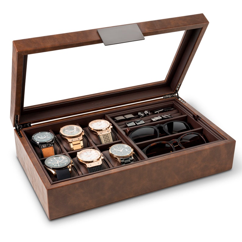 Personalized Valet Jewelry Watch Box for Men, Holds 6 Watches,12 cufflinks & 2 Sunglasses, Gifts for him, Engraved Glass Lid or Plate ,Brown image 1