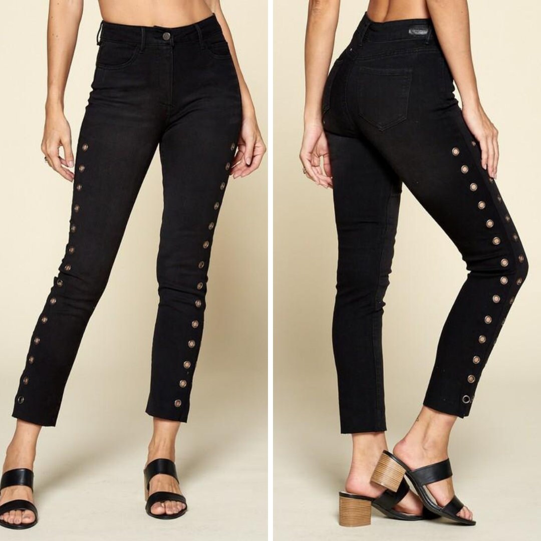 high rise jeans with buttons