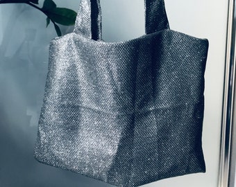 Little silver tote bag, shiny tote bag, party bag, going out bag, little handbag, gift bag, present bag, made in UK,