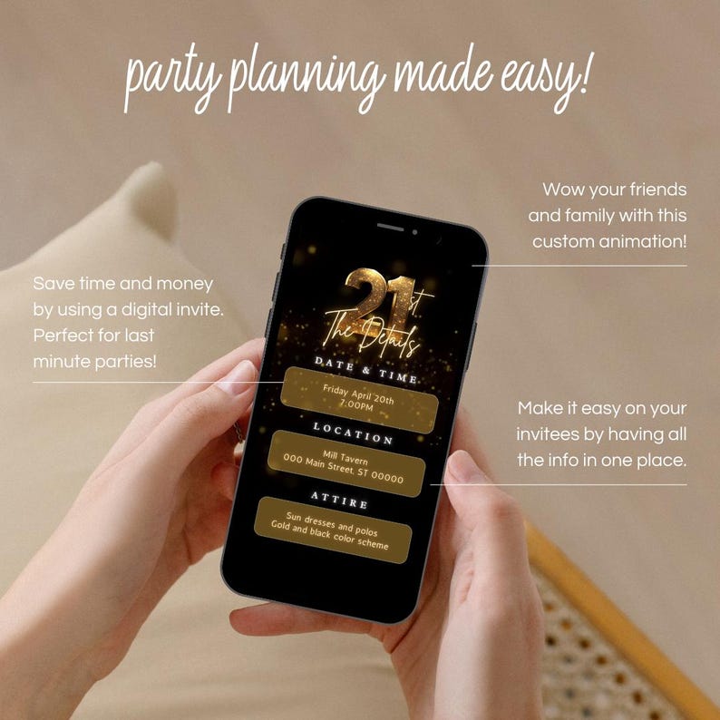 Pode incluir: Um convite digital para uma festa de anivers&aacute;rio de 21 anos com um esquema de cores dourado e preto. O convite inclui a data, a hora, o local e o traje. O texto do convite diz "21st The Details".