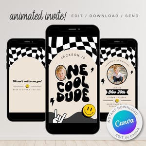 Digital ONE COOL Dude | Convite para festa de aniversário Punk Retro Checker Boho | Convite em vídeo animado | Modelo de cartão eletrônico editável DIY Canva