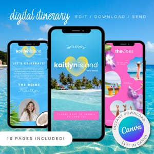 May include: Three phone screen mockups showing a digital itinerary for a wedding in Key West, Florida. The itinerary is titled "Kaitlyn Island" and includes the text "Let's Celebrate!" and "The Bride Kaitlyn". The itinerary also includes a RSVP deadline of June 1st. The mockups are set against a blue water background.