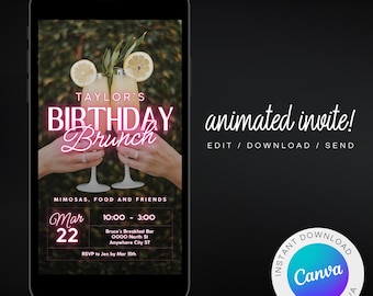 Digitale Geburtstags-Brunch-Einladung: Neon Mimosa, animiertes Canva Template