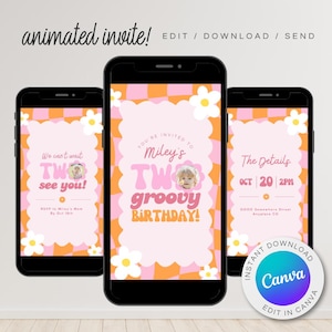 Digital TWO Groovy Birthday | Convite para festa de 2º aniversário Retro Groovy Daisy | Convite de vídeo animado | Modelo de cartão eletrônico editável DIY Canva