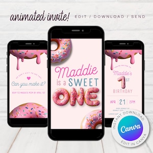 SWEET ONE Birthday Invitation 1st Birthday Girl Invitation Pastel  Invite Dessert Donut Candy Ice Cream Cupcake | Digital Invite Mobile Text