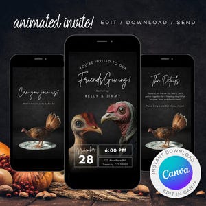 Invitation de fête d'amis de Digital | Carte postale drôle | Invitation vidéo pour Thanksgiving, Turquie |  Modèle DIY modifiable de carte électronique Canva