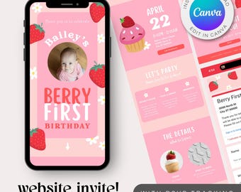 Invitación web para el primer cumpleaños de Strawberry: RSVP con seguimiento (plantilla de Canva)