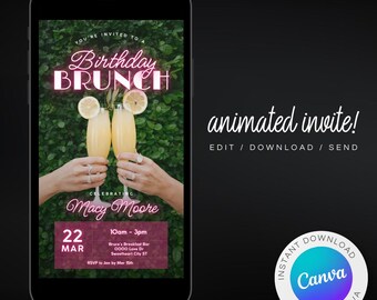 Digitale Geburtstags-Brunch-Einladung: Bubbly Mimosa Neon, Animiertes Canva Template
