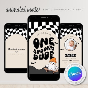 Digital ONE Spooky Dude | Convite para festa de aniversário de HALLOWEEN do Punk Retro Checker | Convite de vídeo animado | Modelo de cartão eletrônico editável DIY Canva