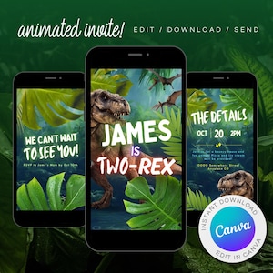May include: A digital invitation for a dinosaur-themed birthday party. The invitation features a green jungle background with a Tyrannosaurus Rex, a text overlay that says "James is Two-Rex", and the date and time of the party. The invitation also includes the text "The Details" and "Oct 20 | 2PM".