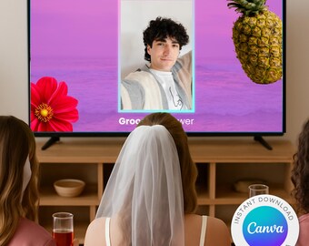 May include: A television screen displays a selfie of a man, a red flower, and a pineapple. The scene is set against a purple and pink gradient background. The Canva logo is visible in the bottom right corner. Women are in the foreground.