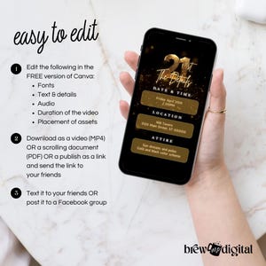 Pode incluir: Uma maquete de smartphone com fundo preto e texto dourado. O texto na tela diz "21st The Details" e inclui informa&ccedil;&otilde;es sobre uma festa, incluindo a data, a hora, o local e o traje. O telefone est&aacute; sendo segurado por uma m&atilde;o.