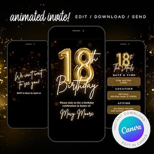 Digital 18th Birthday Party Invitation | Animated Gold Balloon Dinner Invite For Women | Brunch Evite | Editable DIY Itinerary eCard