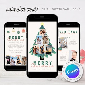 Carte numérique de NOL Bilan de l'année | Ecard tendance et respectueuse de l'environnement | Invitation vidéo animée pour les Fêtes |  Modèle DIY modifiable de carte électronique Canva