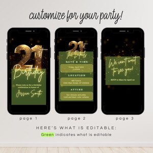 Pode incluir: Um convite para uma festa de anivers&aacute;rio de 21 anos com um 21 de glitter dourado em um fundo preto. O convite &eacute; dividido em tr&ecirc;s p&aacute;ginas. A primeira p&aacute;gina diz "21 anos" e tem uma caixa verde com o texto "Por favor, junte-se a n&oacute;s para uma celebra&ccedil;&atilde;o de anivers&aacute;rio em homenagem a Jessica Smith". A segunda p&aacute;gina tem uma caixa verde com o texto "Os detalhes" e inclui a data, a hora, o local e o traje. A terceira p&aacute;gina tem uma caixa verde com o texto "Mal podemos esperar para te ver!" e o texto "RSVP para Macy at&eacute; 1 de abril".
