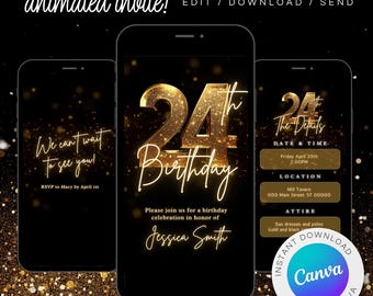 Convite para jantar de 24º aniversário: Evite animado preto e dourado (download digital)