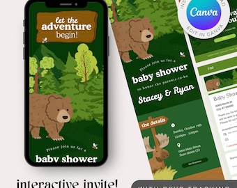 May include: A digital baby shower invitation with a forest theme. The design features a brown bear, trees, and the text "Let the adventure begin!" on a smartphone screen. The invitation includes details for Stacey & Ryan's baby shower.