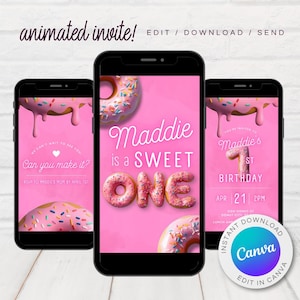 SWEET ONE Birthday Invitation 1st Birthday Girl Invitation Pastel  Invite Dessert Donut Candy Ice Cream Cupcake | Digital Invite Mobile Text