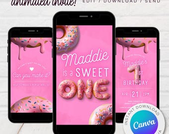 Sweet One Birthday Invitation: Pink Donut Theme (Digital Invite)